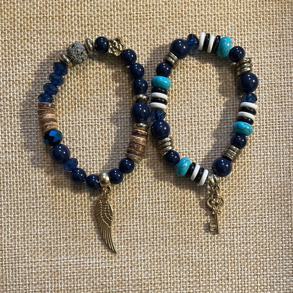 Blue Beaded Charm Bracelet Set with Wing and Key Charms